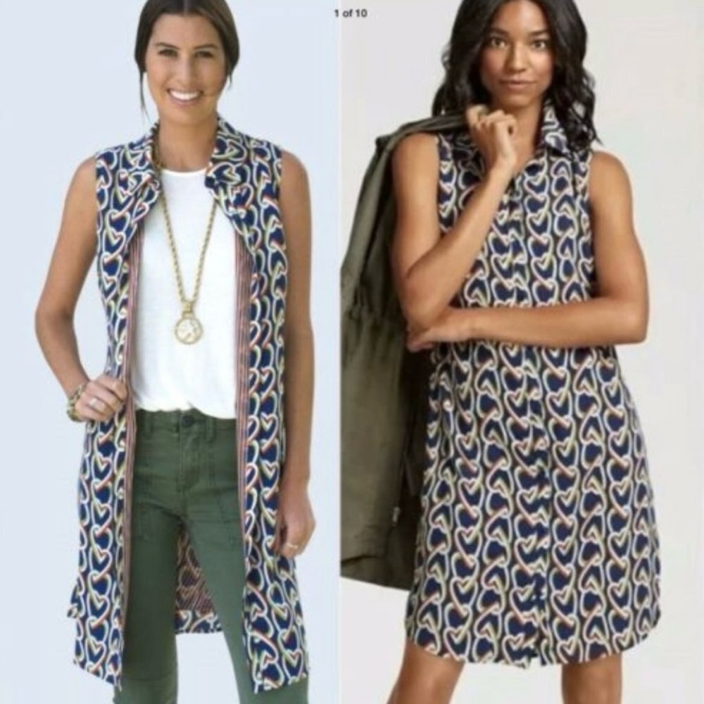 CABI 5370 Amour Heart Chain Print Button Front Sleeveless Shirt Dress Size M